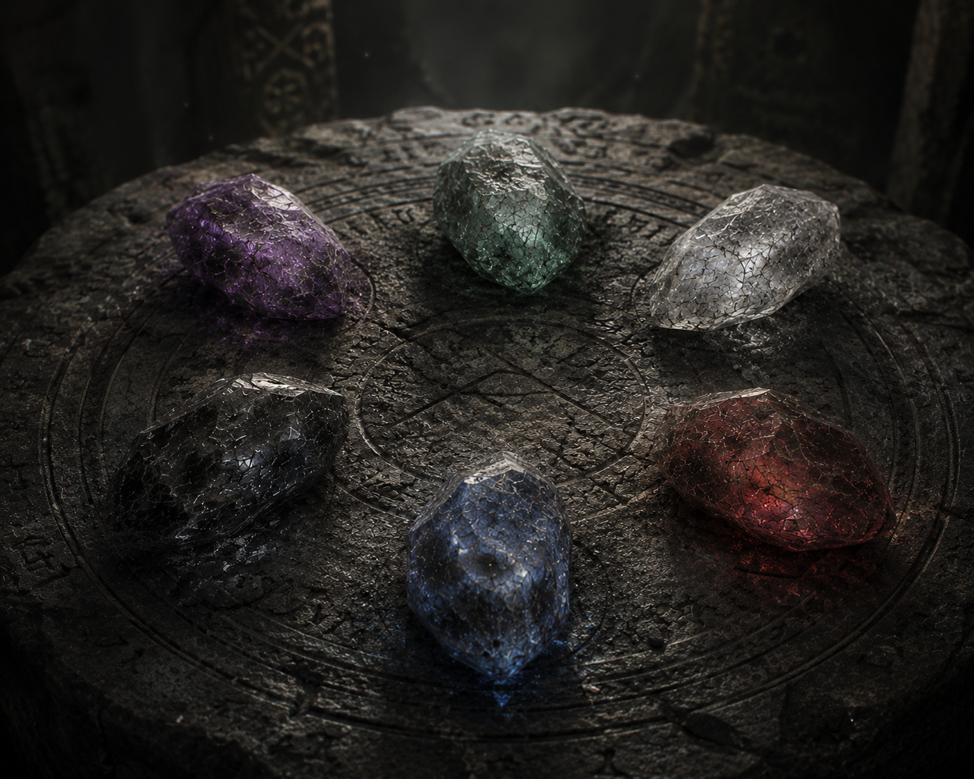 Six gemstones lying on an stone altar